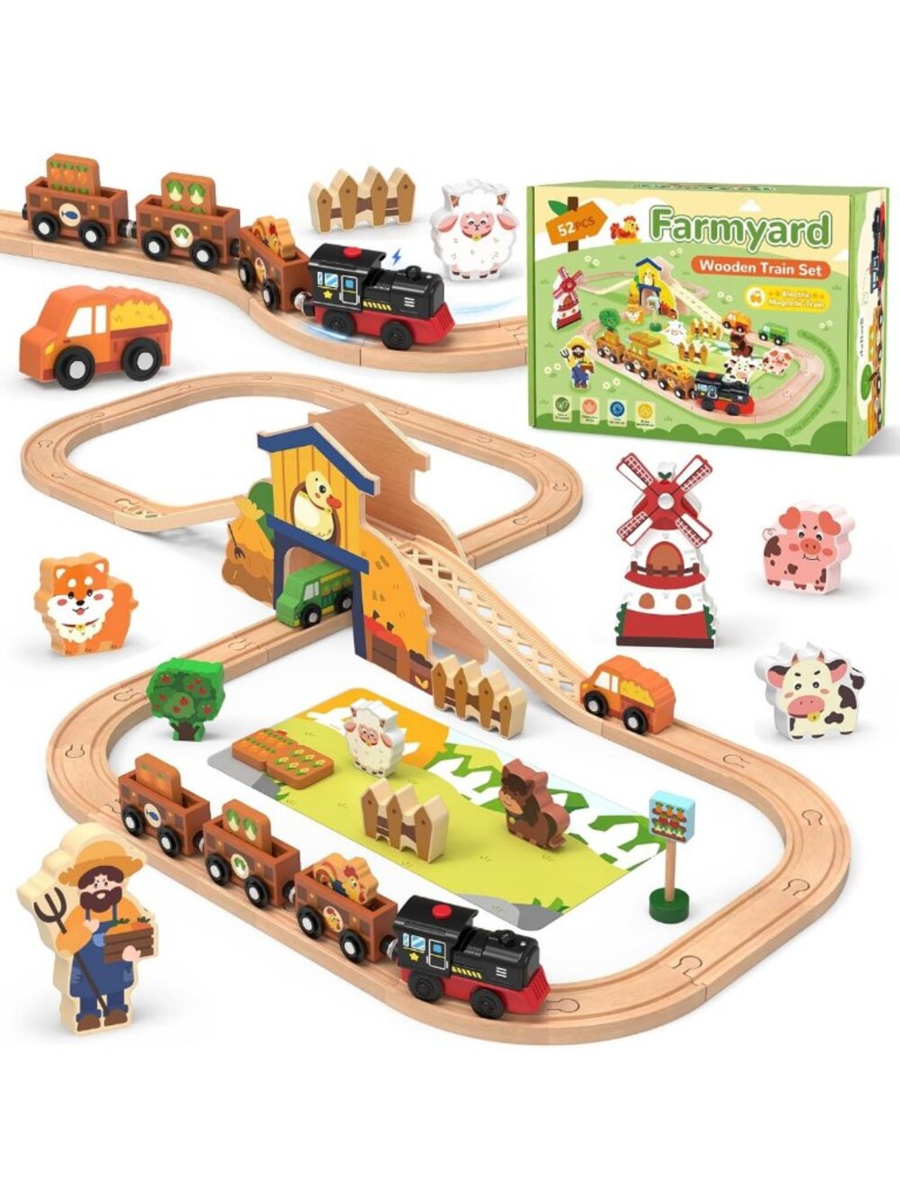 52-Piece Electric Wooden Train Set with Cargo Cars - Fun Toy for Kids